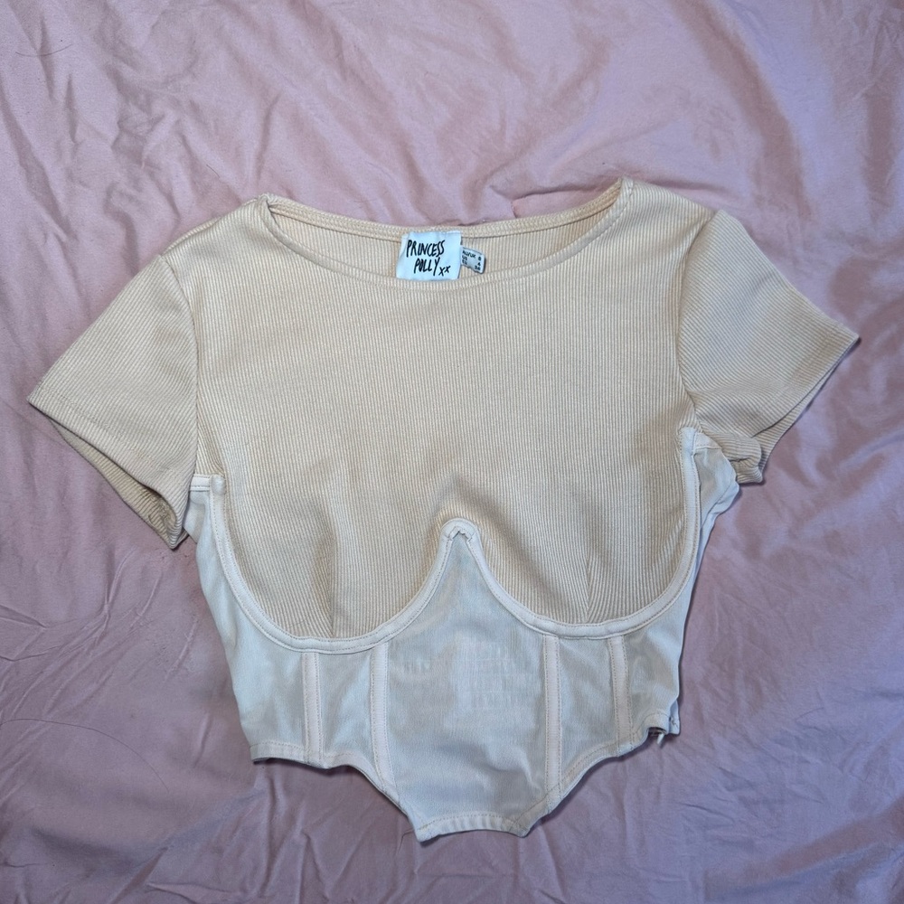 Princess Polly Cream Ribbed Corset-Style Crop Top